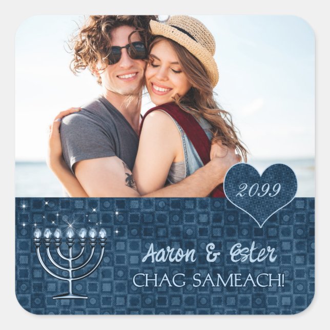 Hanukkah Bright Custom Year Blue Menorah Photo Square Sticker (Front)