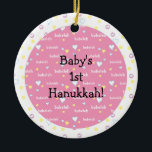 Hanukkah "Bubeleh"/Pink/Circle Ornament<br><div class="desc">Hanukkah "Bubeleh"/Pink hearts-Circle Ornament. (2 sided) Personalize by deleting "Baby's 1st Hanukkah!" on front and back of ornament. Then using your favorite font color, size and style, type in your own words. Thanks for stopping and shopping by. Much appreciated! Happy Chanukah/Hanukkah! Bring a lot more holiday cheer to your tree...</div>