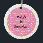 Hanukkah "Bubeleh"/Pink/Circle Ornament<br><div class="desc">Hanukkah "Bubeleh"/Pink hearts-Circle Ornament. (2 sided) Personalize by deleting "Baby's 1st Hanukkah!" on front and back of ornament. Then using your favorite font color, size and style, type in your own words. Thanks for stopping and shopping by. Much appreciated! Happy Chanukah/Hanukkah! Bring a lot more holiday cheer to your tree...</div>