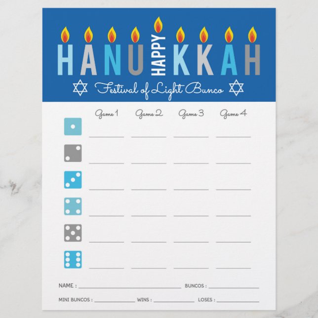 Hanukkah Bunco Party Game Score Card (Front)