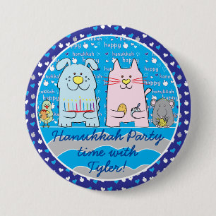 Hanukkah Button, Personalize Mouse & Friends/Blue Button
