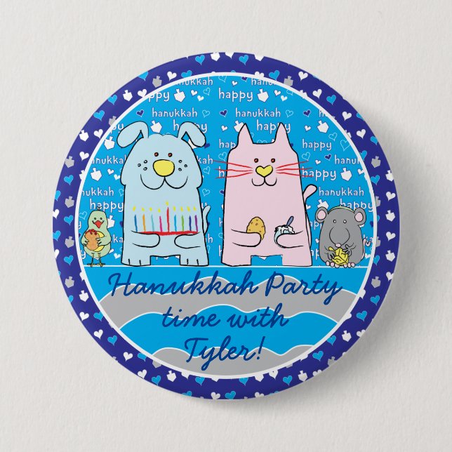 Hanukkah Button, Personalize Mouse & Friends/Blue Button (Front)
