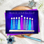 Hanukkah Candles Peace Love Light Blue Real Gold Foil Holiday Card<br><div class="desc">“Peace, love & light.” A playful, modern, artsy illustration of boho pattern candles in a menorah helps you usher in the holiday of Hanukkah. Assorted blue candles with colorful real gold foil patterns, real gold foil flames and menorah, overlay a rich, deep blue textured background. Faux hot pink purple diamond...</div>