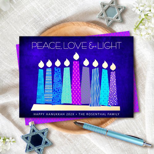 Hanukkah Candles Peace Love Light Blue Real Gold Foil Holiday Card