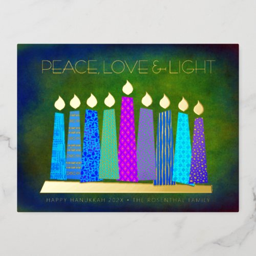 Hanukkah Candles Peace Love Light Blue Real Gold Foil Holiday Postcard