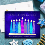 Hanukkah Candles Peace Love Light Blue Real Gold Foil Holiday Postcard<br><div class="desc">“Peace, love & light.” A playful, modern, artsy illustration of boho pattern candles in a menorah helps you usher in the holiday of Hanukkah. Assorted blue candles with colorful faux foil patterns overlay a rich deep navy blue textured background. On the back, type in your personal copy using the easy...</div>