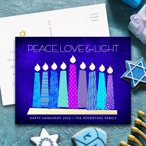 Hanukkah Candles Peace Love Light Blue Real Gold Foil Holiday Postcard