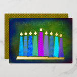 Hanukkah Candles Peace Love Light Green Real Gold Foil Holiday Card<br><div class="desc">“Peace, love & light.” A playful, modern, artsy illustration of boho pattern candles in a menorah helps you usher in the holiday of Hanukkah. Assorted blue candles with colorful real gold foil patterns, real gold foil flames and menorah, overlay a rich deep green textured background. Faux copper diamond pattern foil...</div>