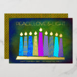 Hanukkah Candles Peace Love Light Green Real Gold Foil Holiday Card<br><div class="desc">“Peace, love & light.” A playful, modern, artsy illustration of boho pattern candles in a menorah helps you usher in the holiday of Hanukkah. Assorted blue candles with colorful real gold foil patterns, real gold foil flames and menorah, overlay a rich deep green textured background. Faux copper diamond pattern foil...</div>