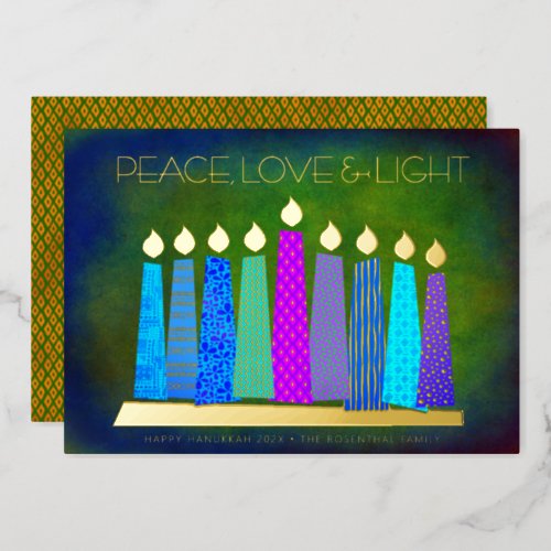 Hanukkah Candles Peace Love Light Green Real Gold Foil Holiday Card