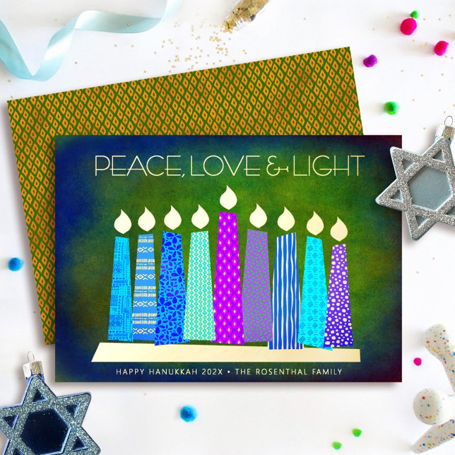Hanukkah Candles Peace Love Light Green Real Gold Foil Holiday Card (Creator Uploaded)