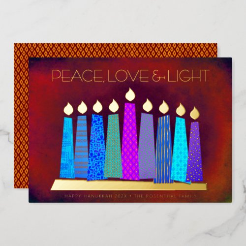 Hanukkah Candles Peace Love Light Red Real Gold Foil Holiday Card