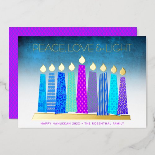 Hanukkah Candles Peace Love Turquoise Real Gold Foil Holiday Card