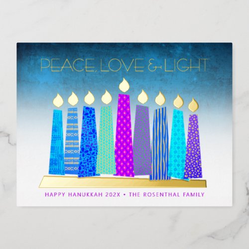 Hanukkah Candles Peace Love Turquoise Real Gold  Foil Holiday Postcard