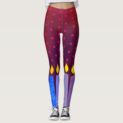 Hanukkah Candles Pink Star of David Pattern on Red Leggings