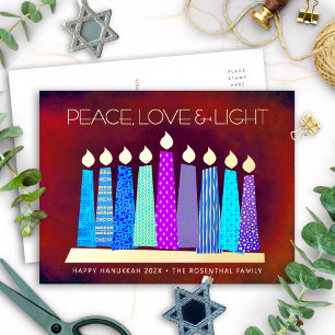 Hanukkah Candles Red Peace Love Light Real Gold Foil Holiday Postcard