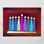 Hanukkah Candles Red Peace Love Light Real Gold Foil Holiday Postcard<br><div class="desc">“Peace, love & light.” A playful, modern, artsy illustration of boho pattern candles in a menorah helps you usher in the holiday of Hanukkah. Assorted blue candles with colorful real gold foil patterns, real gold foil flames and menorah, overlay a rich, deep burnt red orange textured background. On the back,...</div>