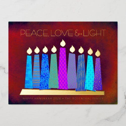 Hanukkah Candles Red Peace Love Light Real Gold Foil Holiday Postcard