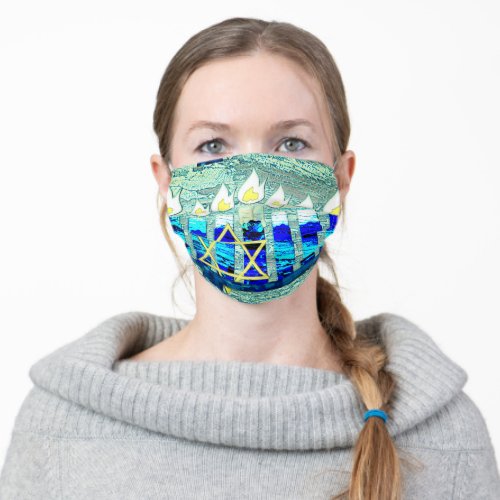 Hanukkah Candles with Gold Star of David Adult Cloth Face Mask