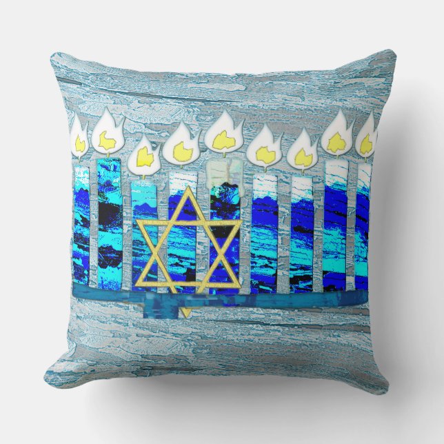 Hanukkah Candles with Gold Star of David Throw Pillow (Front)