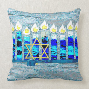 Hanukkah Candles with Gold Star of David Throw Pillow