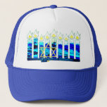 Hanukkah Candles with Gold Star of David Trucker Hat<br><div class="desc">Festive Hanukkah candles featuring wood grain textures and a gold Star of David.  Personalize with a monogram,  name,  etc.  Contact designer for special requests. © Copyright 2020 P.D.,  Holiday Patterns And Paintings.  All rights reserved.</div>