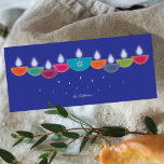 Hanukkah Card | Colorful Oil Lamp Menorah | Blue<br><div class="desc">Celebrate Hanukkah with a vibrant and contemporary greeting card design. This menorah is formed from colorful bowl-shaped oil lamps, each with a glowing flame, arranged in a cheerful display. The center lamp highlights a faux-foil Star of David, adding both meaning and elegance. Perfect for families who enjoy modern and artistic...</div>