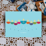 Hanukkah Card Colorful Oil Lamp Menorah | Sky Blue<br><div class="desc">Celebrate Hanukkah with a vibrant and contemporary greeting card design. This menorah is formed from colorful bowl-shaped oil lamps, each with a glowing flame, arranged in a cheerful display. The center lamp highlights a faux-foil Star of David, adding both meaning and elegance. Perfect for families who enjoy modern and artistic...</div>