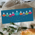 Hanukkah Card | Colorful Oil Lamp Menorah | Teal<br><div class="desc">Celebrate Hanukkah with a vibrant and contemporary greeting card design. This menorah is formed from colorful bowl-shaped oil lamps, each with a glowing flame, arranged in a cheerful display. The center lamp highlights a faux-foil Star of David, adding both meaning and elegance. Perfect for families who enjoy modern and artistic...</div>