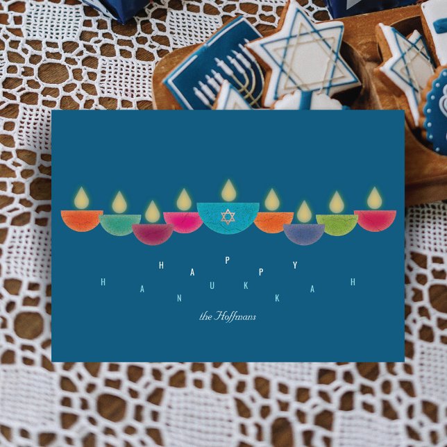 Hanukkah Card | Colorful Oil Lamp Menorah | Teal (Creator Uploaded)