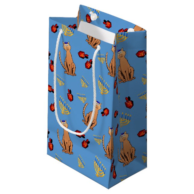 Hanukkah Cat Dreidel Blue Gift Bag (Front Angled)