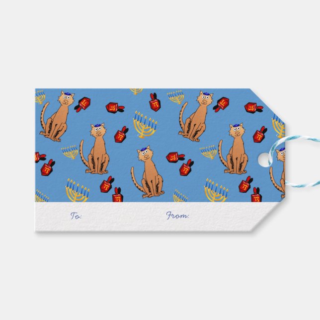 Hanukkah Cat Dreidel Blue Gift Tag (Front (Horizontal))
