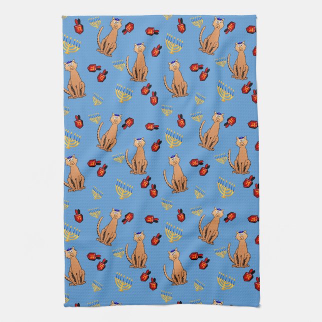 Hanukkah Cat Dreidel Blue Kitchen Towel (Vertical)