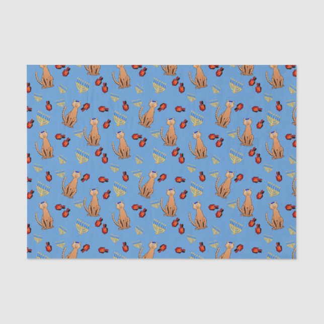 Hanukkah Cat Dreidel Blue Wrap Gift Paper (Front)