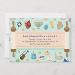 Hanukkah Celebration Invitation<br><div class="desc">At the festival Hanukkah invitation with a background of Hanukkah elements and an open Torah to hold your celebration details. (Light vector created by freepik - www.freepik.com). The card is easy to customize with your wording, font, font color and paper shape options. Not what you're looking for? All our products...</div>