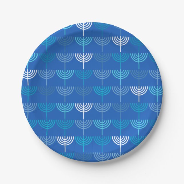 Hanukkah Chanukah Chanukkiah Menorah Pattern Blue Paper Plates (Front)