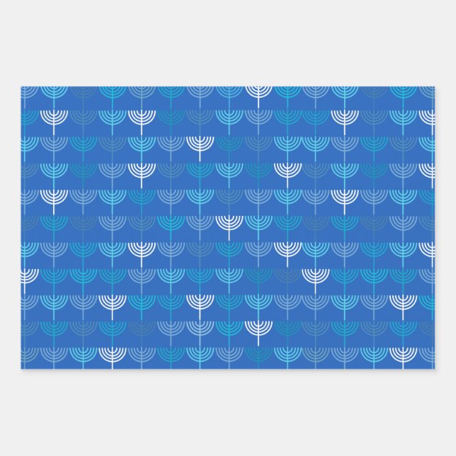 Hanukkah Chanukah Chanukkiah Menorah Pattern Blue Wrapping Paper Sheets (Front)