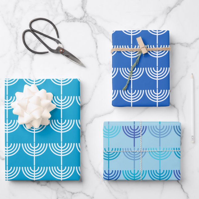 Hanukkah Chanukah Chanukkiah Menorah Pattern Wrapping Paper Sheets (Front)