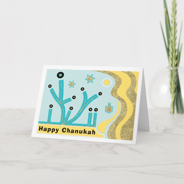 Hanukkah/Chanukah Greeting Card/Envelope Blue/Gold Holiday Card (Front)
