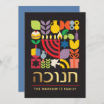 Hanukkah Chanukah Menorah Jewish Stars Dreidel Holiday Card<br><div class="desc">Hanukkah / Chanukah Colorful Modern Geometric Pattern Card with Faux Gold Foil. Menorah, Dreidel, Donuts, Stars & Olive oil... They are all here. Hebrew & Jewish Hanukkah Symbols Space to add your personalized text on the front & reverse. Happy Hanukkah wishes. Hebrew on the front says "Chanukah". This upscale, beautiful,...</div>