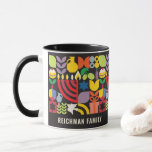 Hanukkah Chanukah Menorah Personalized Mug<br><div class="desc">Hanukkah / Chanukah Colorful Modern Geometric Pattern Mug with Menorah, Dreidel, Donuts, Stars & Olive oil. Hebrew & Jewish Hanukkah Symbols Space to add your personalized text. Happy Hanukkah wishes. This upscale, beautiful, look, is a great gift to wish friends, family, and clients, a very Happy Hanukkah/Chanukah. If you want...</div>