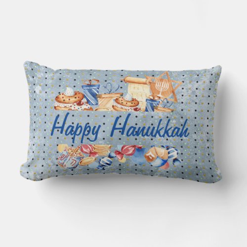 Hanukkah Chanukah Menorah Watercolor Blue Pattern Lumbar Pillow