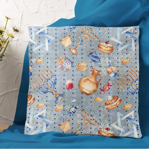 Hanukkah Chanukah Menorah Watercolor Blue Pattern Throw Pillow