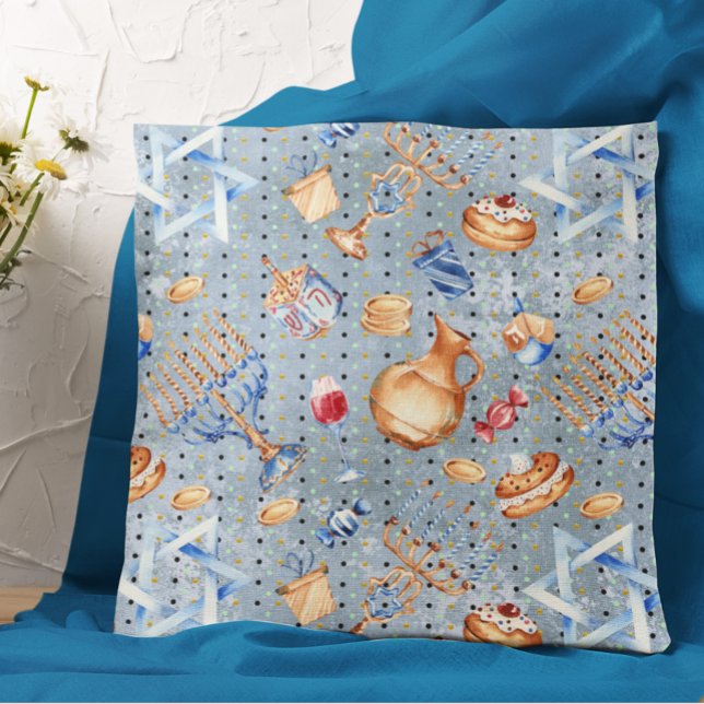 Hanukkah Chanukah Menorah Watercolor Blue Pattern Throw Pillow (Creator Uploaded)
