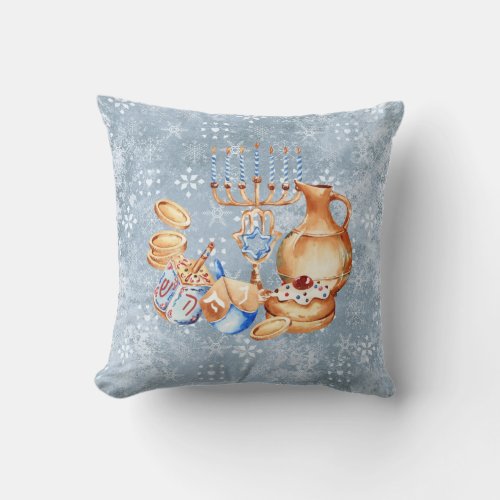 Hanukkah Chanukah Menorah Watercolor Blue Snow Throw Pillow
