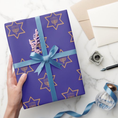 Hanukkah Chanukah Star of David Menorah Gold Blue Wrapping Paper