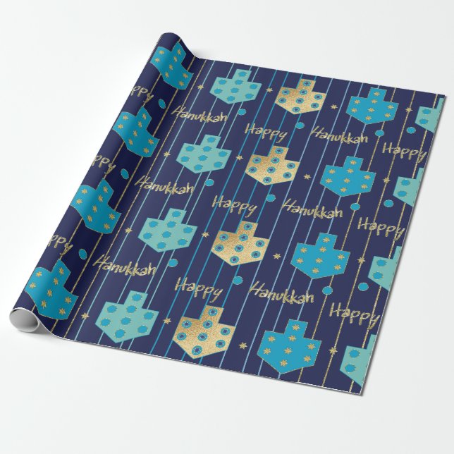 Hanukkah/Chanukah Wrapping Paper Blue/Gold Dreidel (Unrolled)