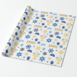 Hanukkah Chanukkah Menorah Star Wrapping Paper<br><div class="desc">A Hanukkah pattern featuring a menorah candelabra,  Star of David,  Driedel and Jewish Kippa or Yamaka.  The color scheme is light blue,  dark blue and gold.</div>