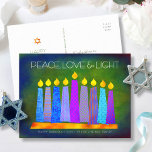 Hanukkah Chic Boho Candles Green Peace Love Light Holiday Postcard<br><div class="desc">“Peace, love & light.” A playful, modern, artsy illustration of boho pattern candles in a menorah helps you usher in the holiday of Hanukkah. Assorted blue candles with colorful faux foil patterns overlay a rich deep green textured background. On the back, type in your personal copy using the easy template...</div>