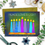 Hanukkah Chic Boho Candles Peace Love Light Green Holiday Card<br><div class="desc">“Peace, love & light.” A playful, modern, artsy illustration of boho pattern candles in a menorah helps you usher in the holiday of Hanukkah. Assorted blue candles with colorful faux foil patterns overlay a rich deep green textured background. Faux copper diamond pattern foil on a green background for the reverse...</div>